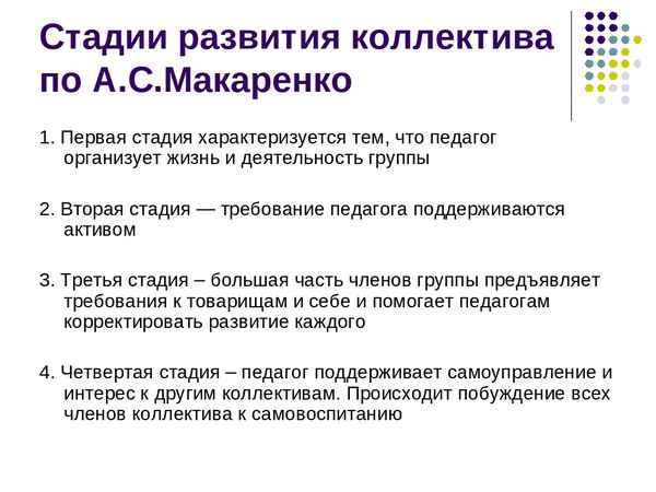 Прогрессивные стадии развития коллектива по Макаренко: 4 этапа